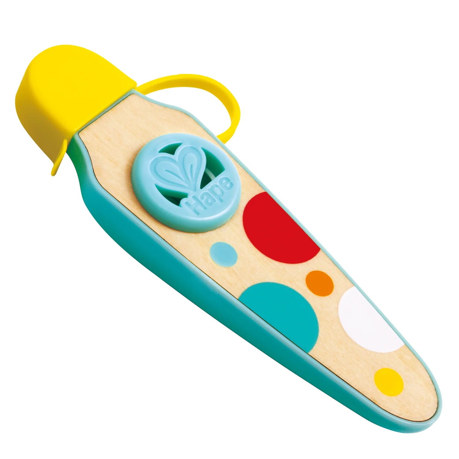 Colorful children's bottle with a yellow cap on a white background