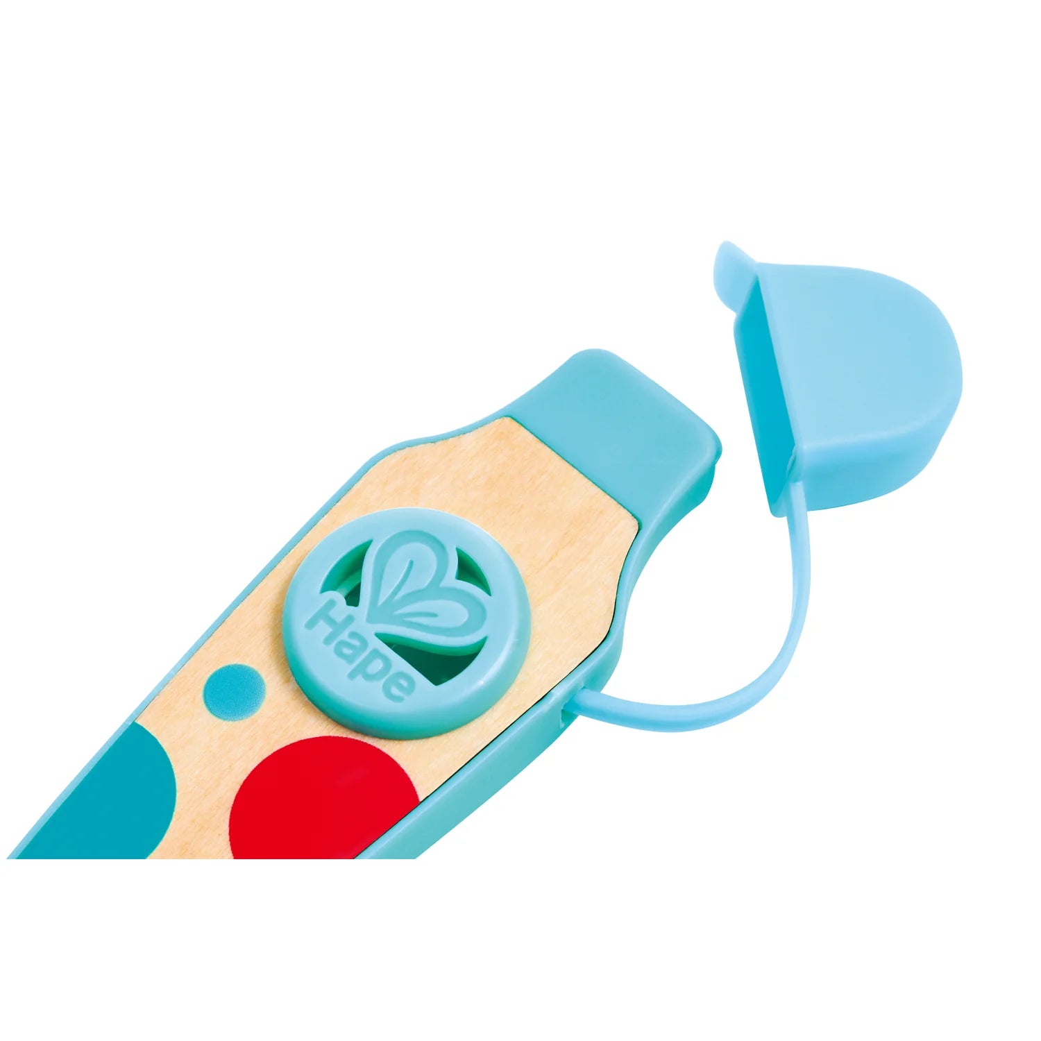 Toy tool with a blue handle and wooden blade, featuring the Hape logo.
