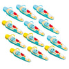 Set of colorful baby bottle toys on a white background
