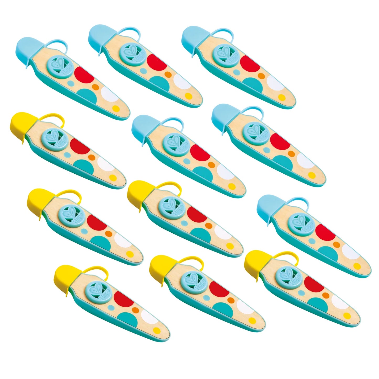 Set of colorful baby bottle toys on a white background