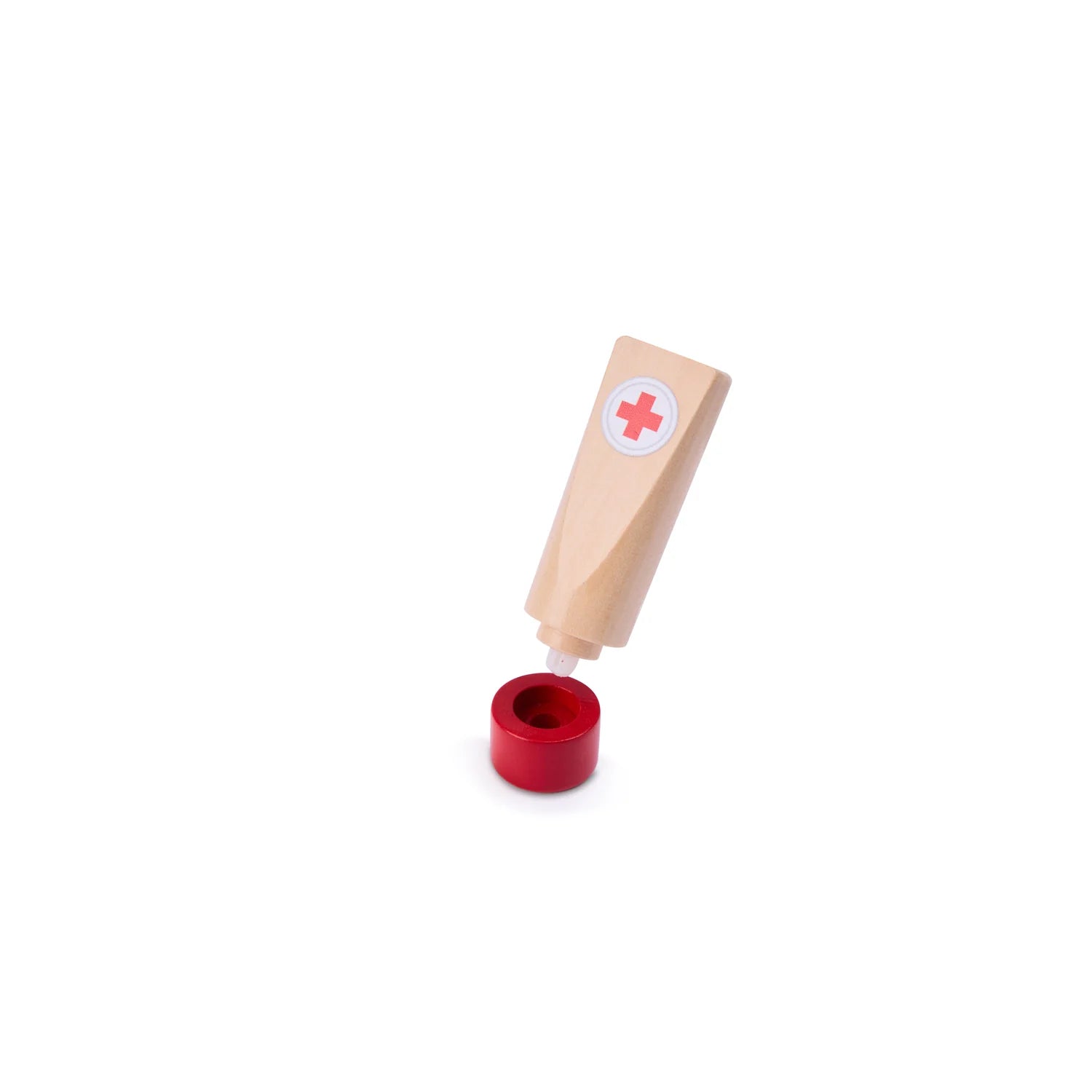 Small wooden tool with a red handle and beige shaft featuring a red cross symbol on a white background