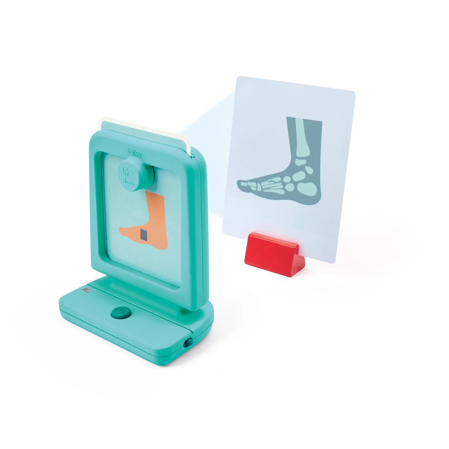 Teal foot measuring device with a card showing a foot diagram on a white background