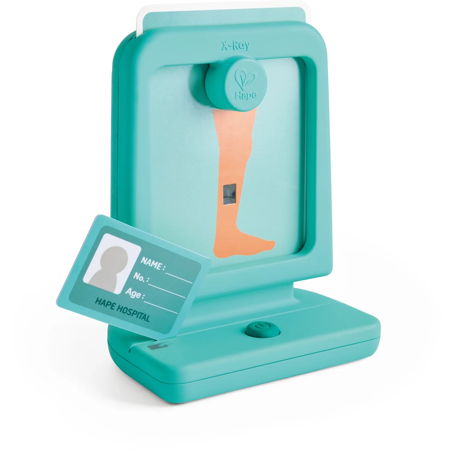 Turquoise X-ray machine toy with a leg and ID card on a white background