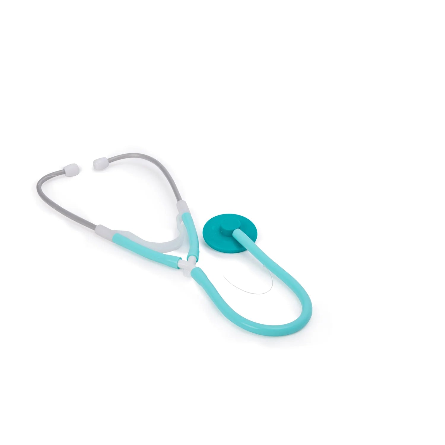Turquoise and gray stethoscope on a white background