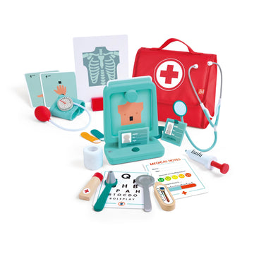 Children's toy medical kit with various pretend medical tools on a white background