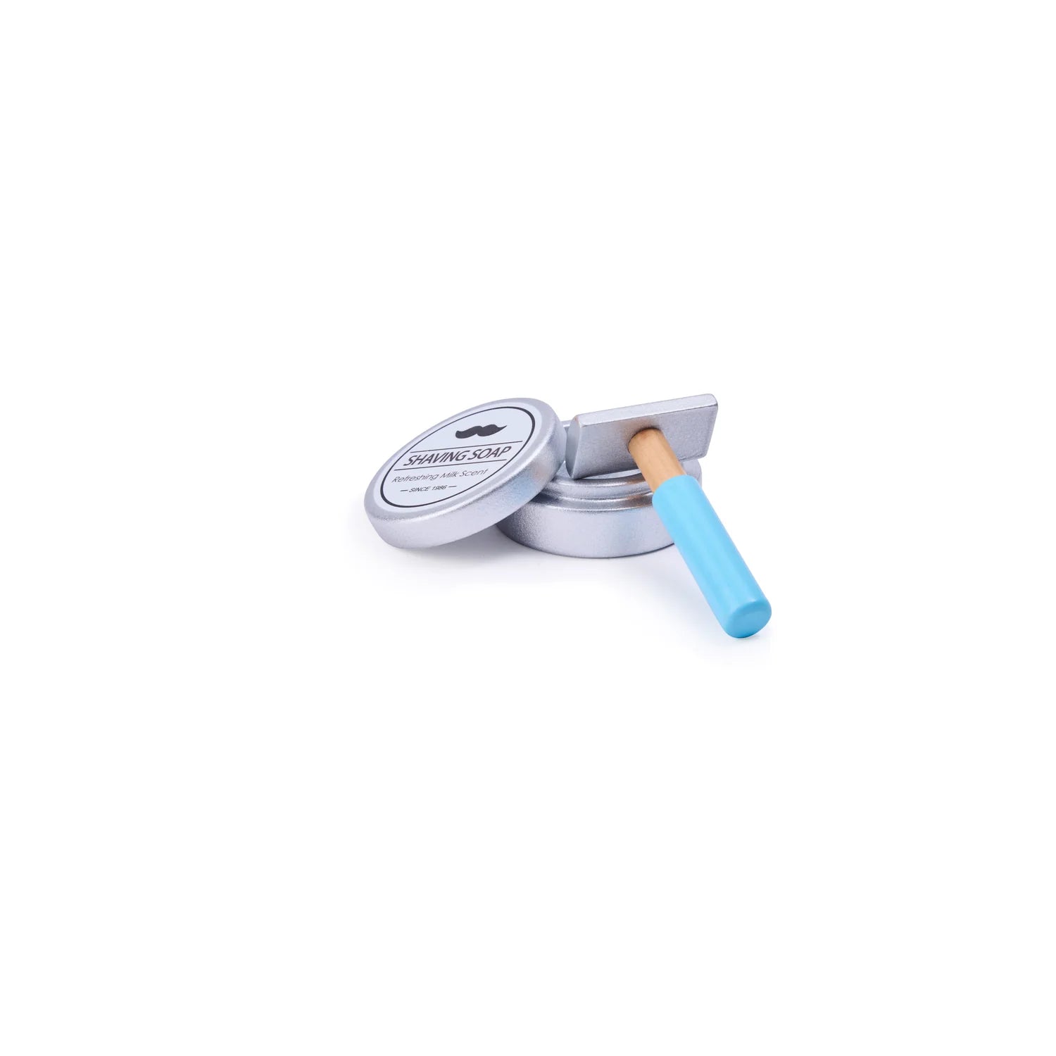 Shaving soap in a metal tin with a blue handle on a white background