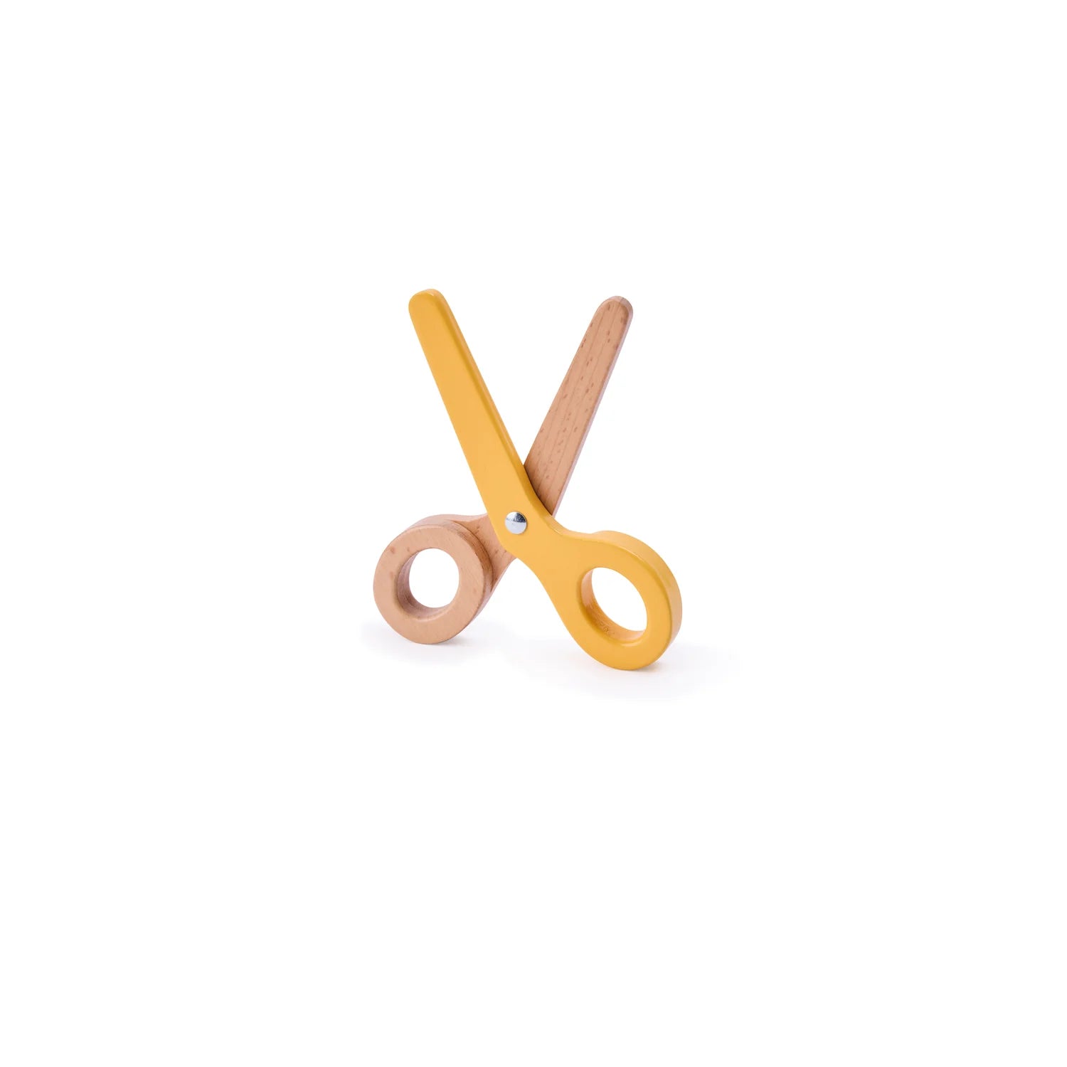 Small toy scissors with wooden handles on a white background
