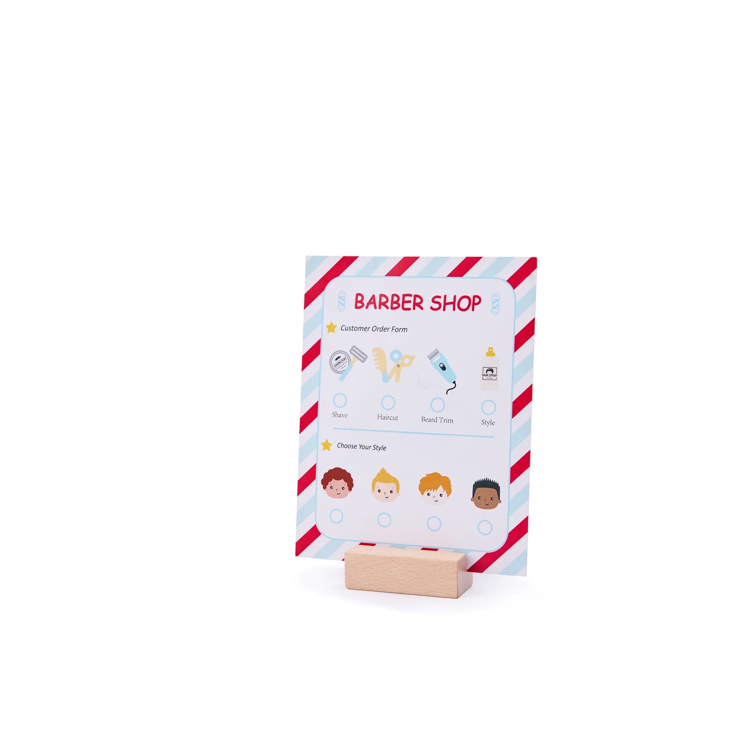 Barber shop themed customer order form with a wooden stand on a white background