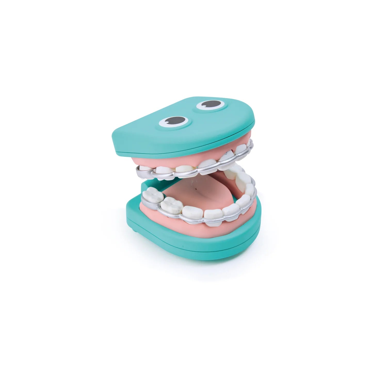 Toy mouth with googly eyes on a white background