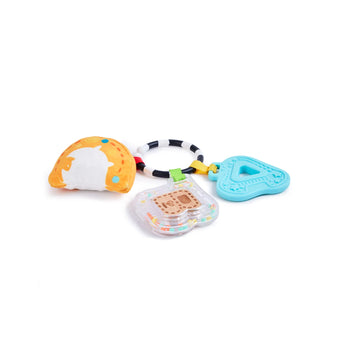 Colorful baby teething toy with various textures on a white background