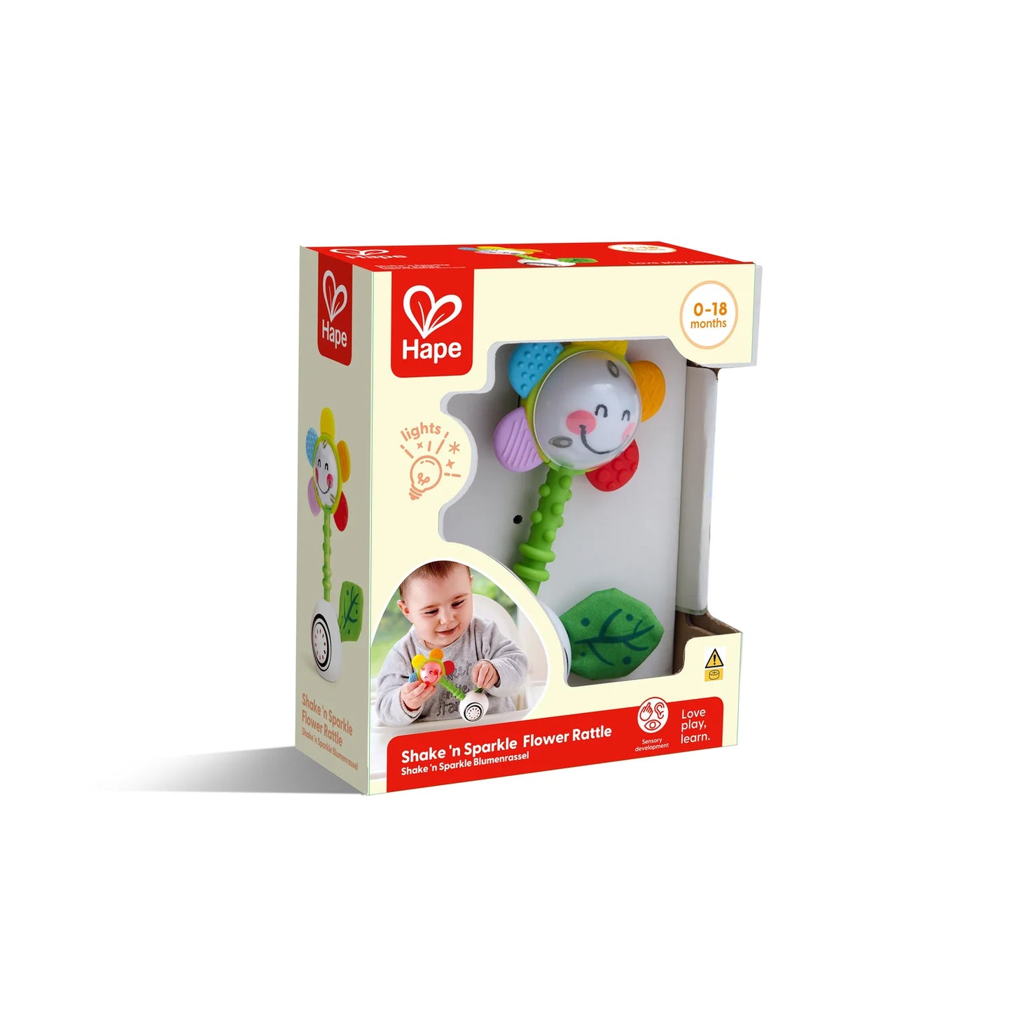 Hape Shake 'n Sparkle Flower Rattle toy packaging on a white background
