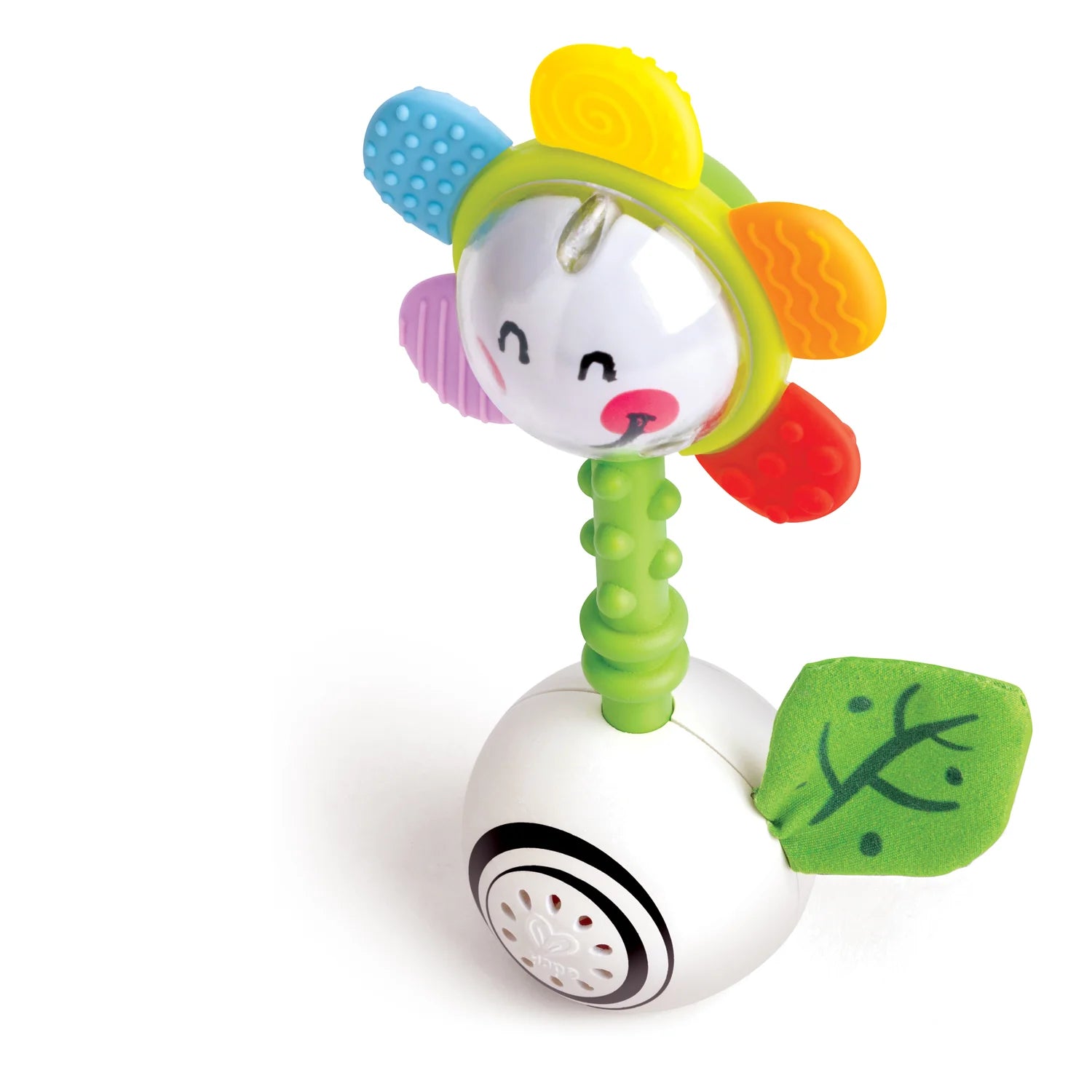 Colorful baby toy with a smiling face on a white background